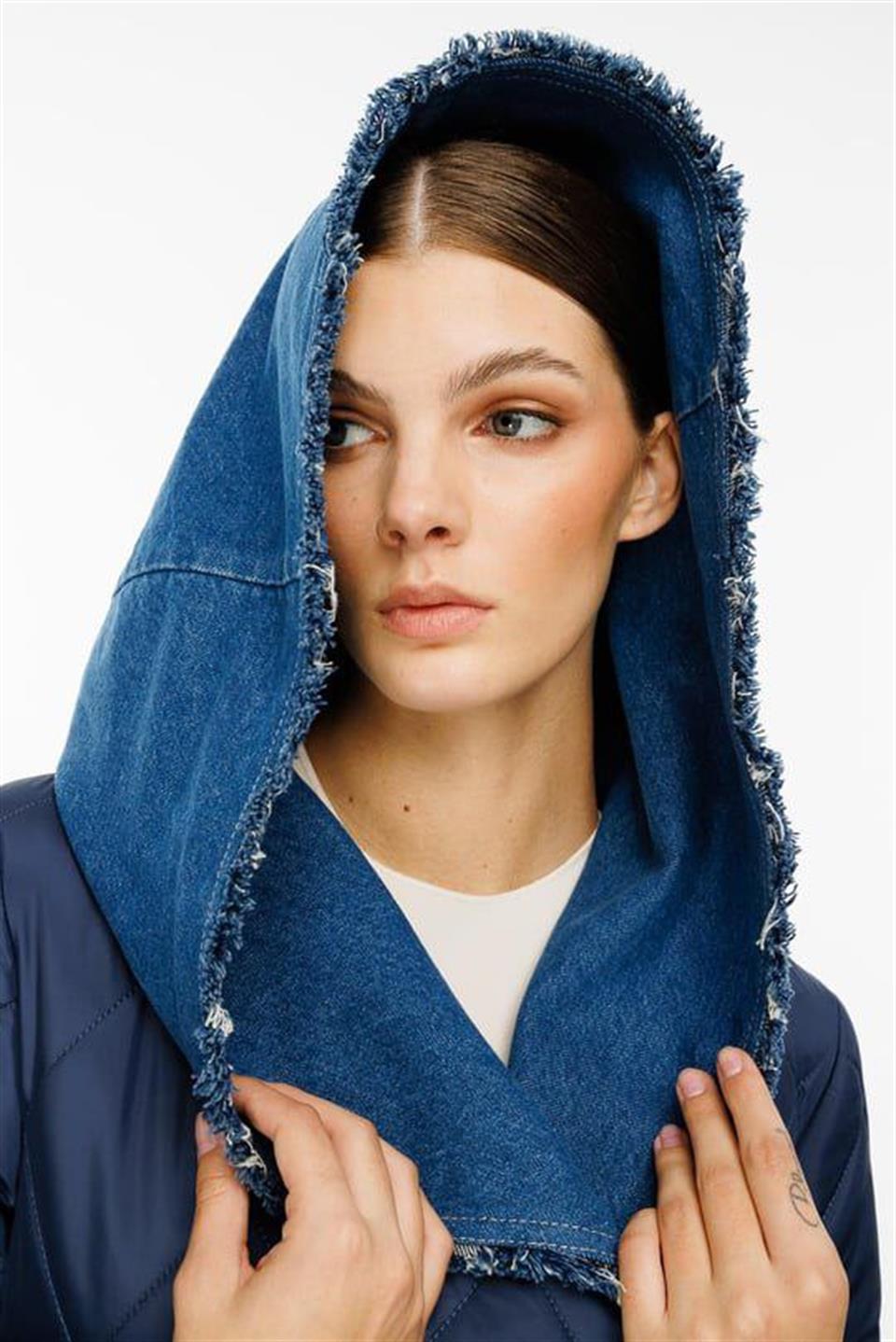 MJean Kapitone Dolgulu ve Denim Kot Garni Spor Kaban Trench-Mavi