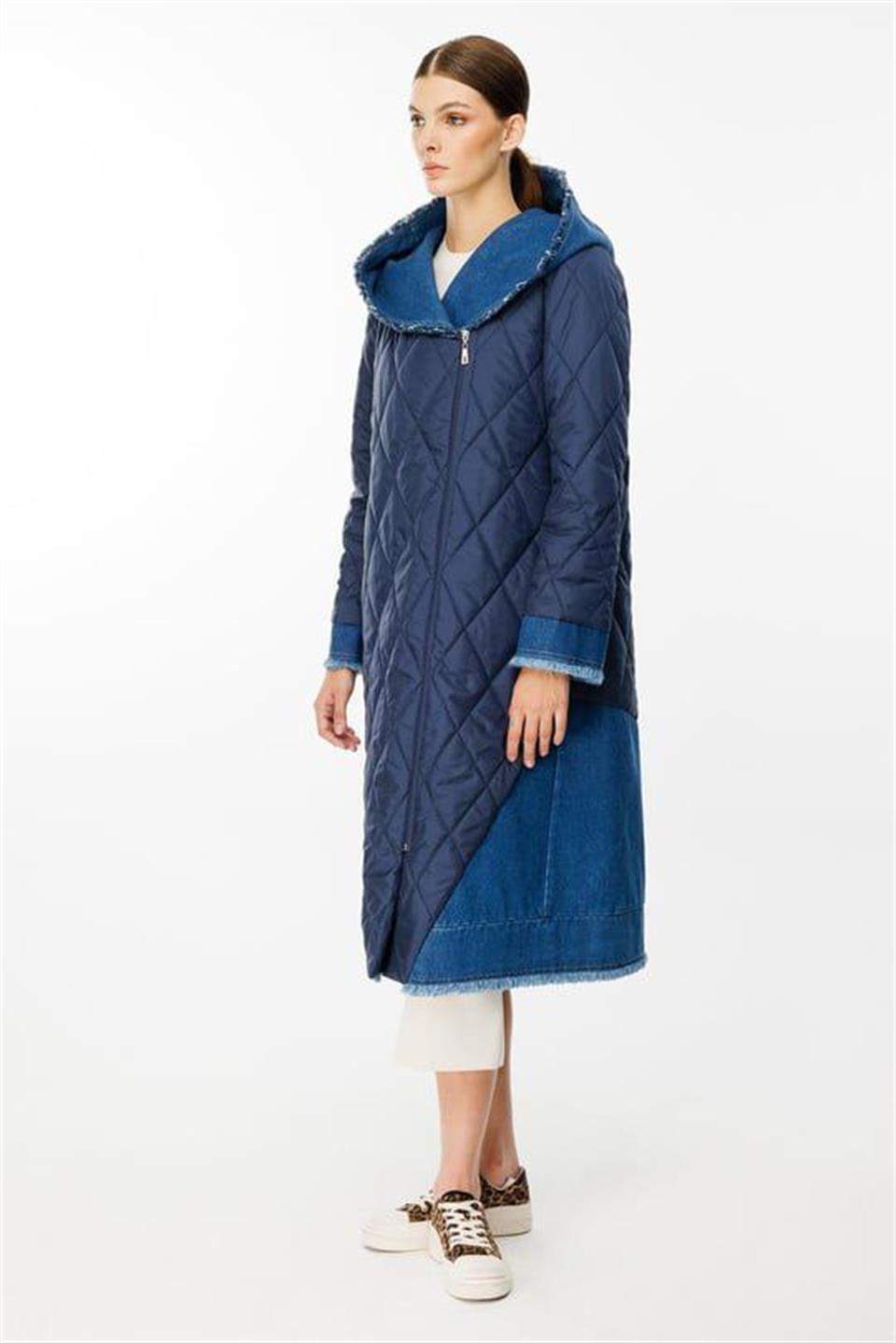 MJean Kapitone Dolgulu ve Denim Kot Garni Spor Kaban Trench-Mavi