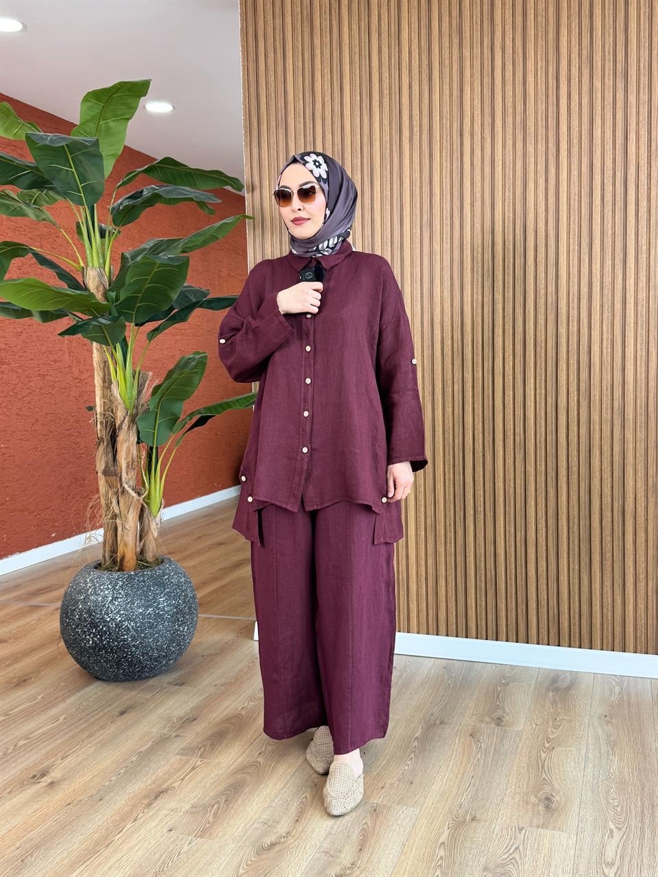 Nur İthal Ham Keten Tunik - Mürdüm