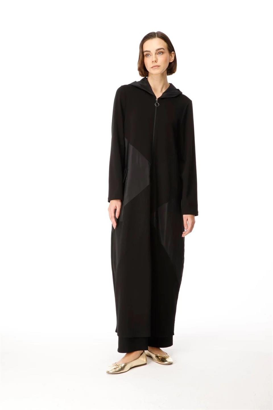 Örme Baharlık Tafta ve Triko Garnili Uzun Kap Ferace-Siyah