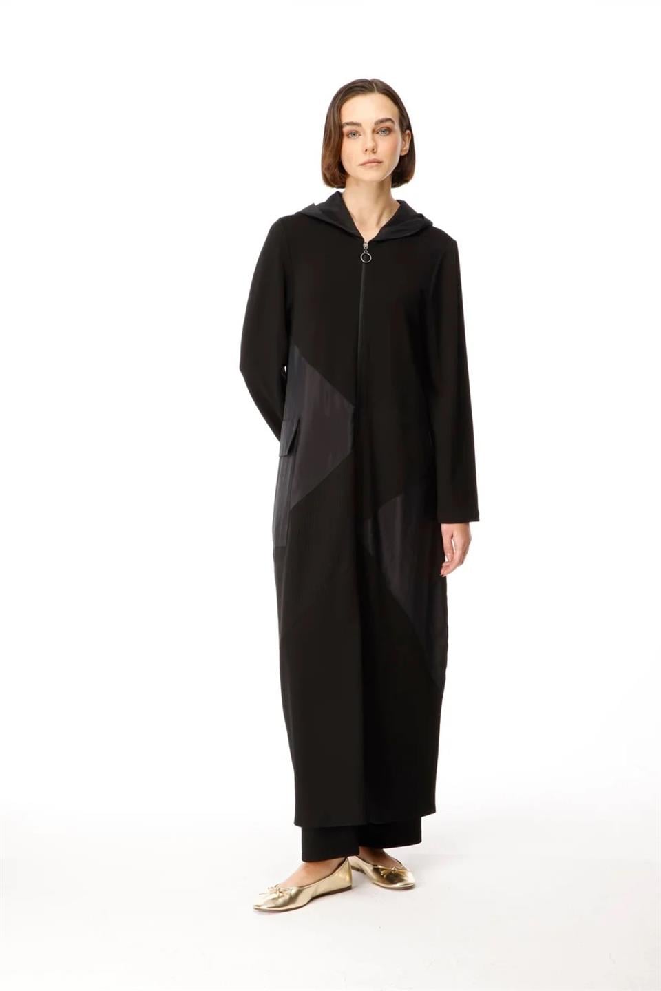 Örme Baharlık Tafta ve Triko Garnili Uzun Kap Ferace-Siyah