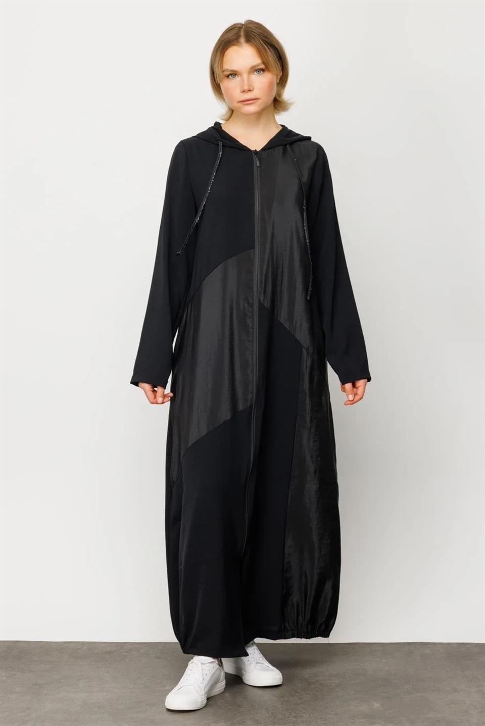 PERCHE İnce İpekçe Dokulu Hafif Kap Ferace-Siyah