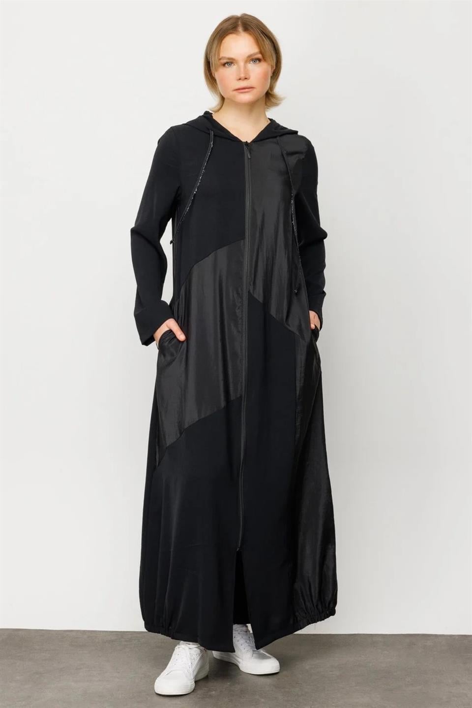 PERCHE İnce İpekçe Dokulu Hafif Kap Ferace-Siyah