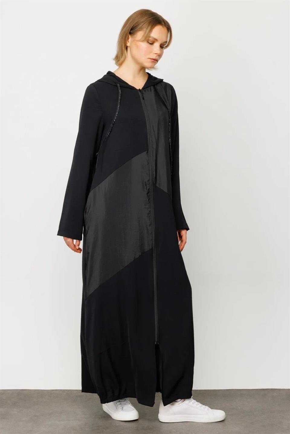 PERCHE İnce İpekçe Dokulu Hafif Kap Ferace-Siyah