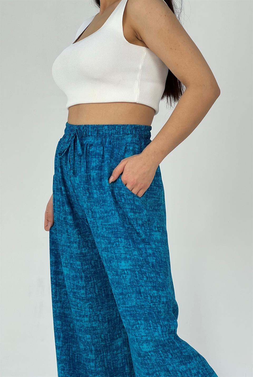 Qashmir Kadın Bol Paça Pamuk Pantolon - Mavi