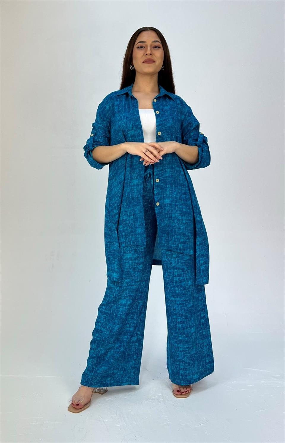 Qashmir Kadın Bol Paça Pantolonlu Pamuk Takım - Mavi