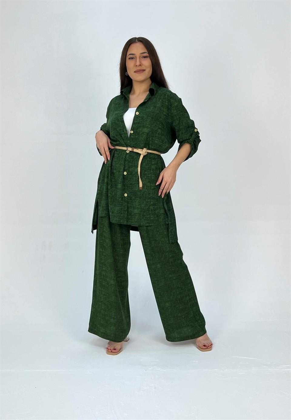 Qashmir Kadın Bol Paça Pantolonlu Pamuk Takım - Yeşil