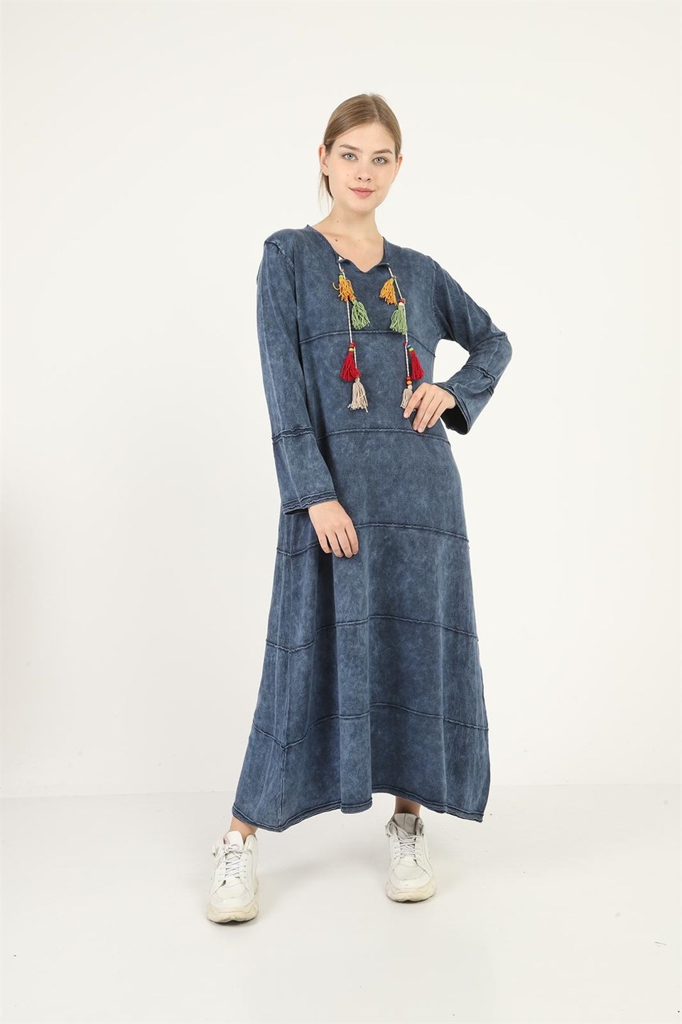 Qashmir Kadın Etnik Yıkamalı Pamuk Elbise - Mavi