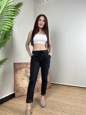Qashmir Kadın İtalyan Model Beli Lastik Ve Bağlamalı Dar Paça Pantolon - Siyah