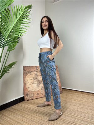 Qashmir Kadın İtalyan Model Çiçekli Pamuk Pantolon - Mavi