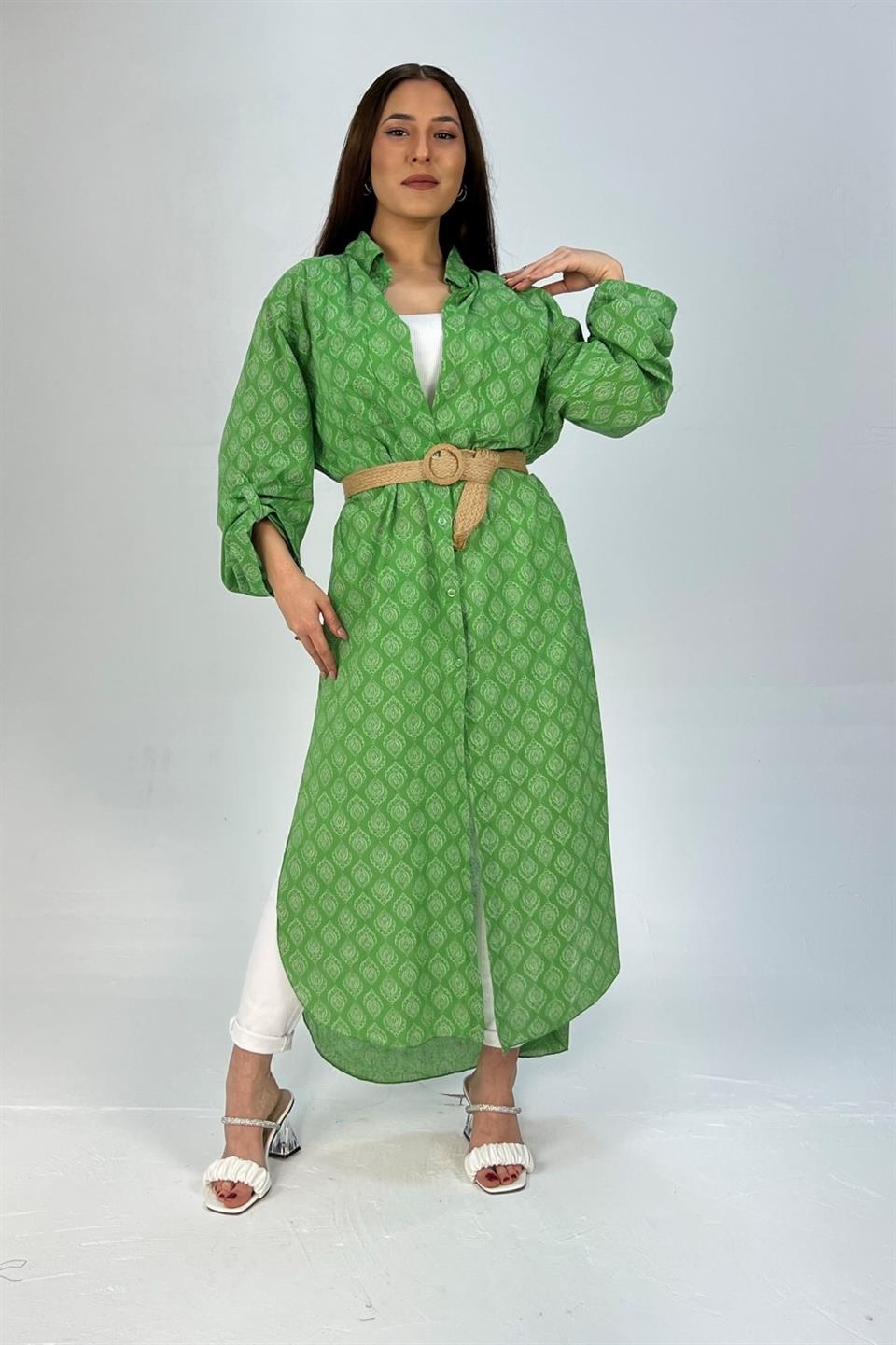 Qashmir Kadın İtalyan Model Pamuk Keten Gömlek Elbise - Yeşil