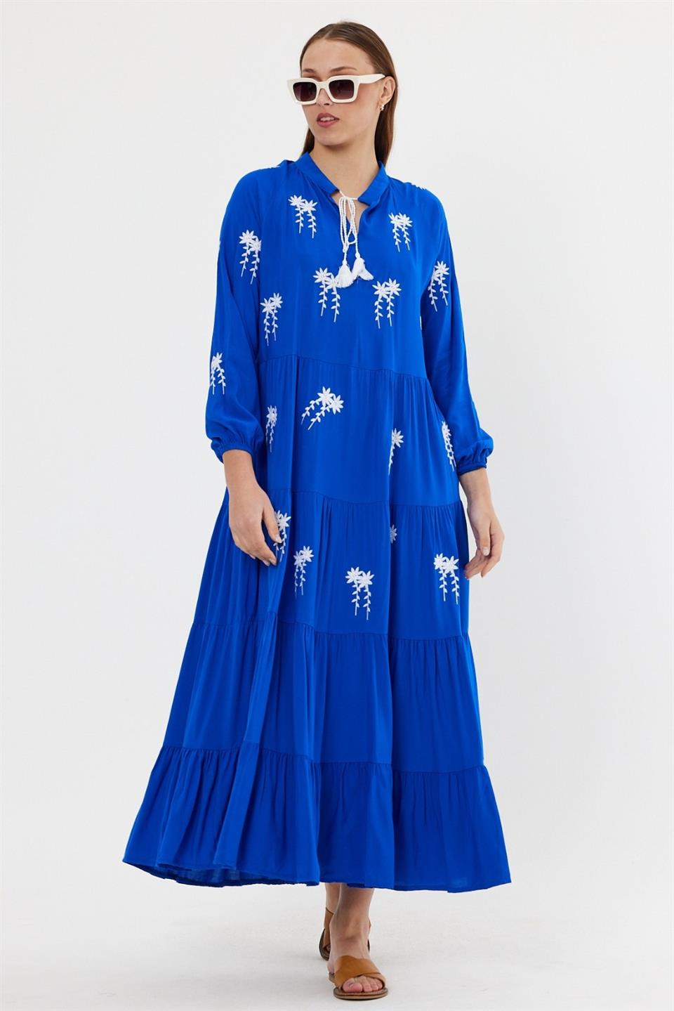 Qashmir Kadın Nakış Detaylı Uzun Tam Boy Pamuk Elbise - Mavi