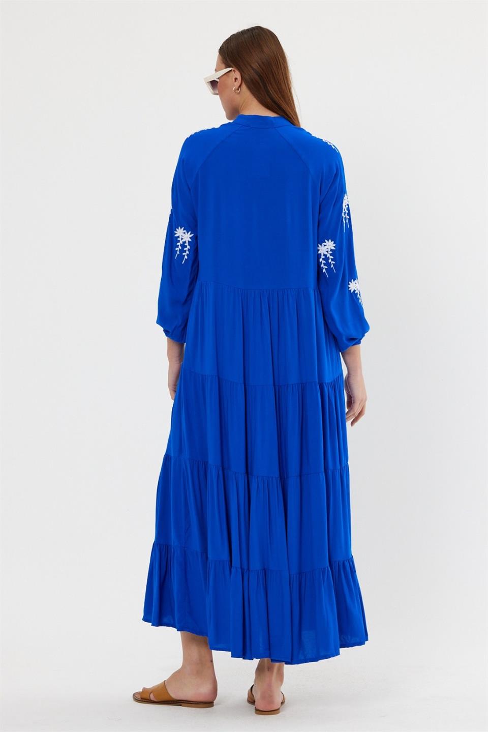 Qashmir Kadın Nakış Detaylı Uzun Tam Boy Pamuk Elbise - Mavi