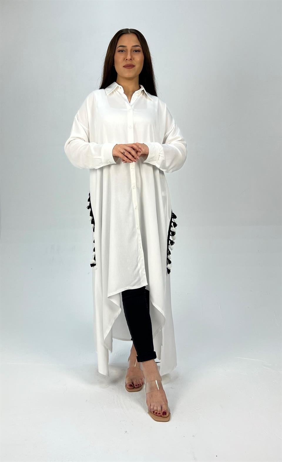 Qashmir Kadın Ponpon Detaylı Tunik Elbise - Beyaz