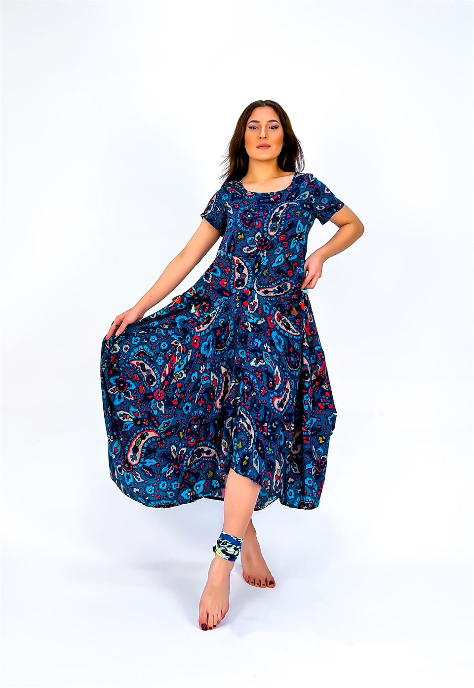 Qashmir Kadın Şalvar Görünümlü Asimetrikkesim Pamuk Elbise - Lacivert