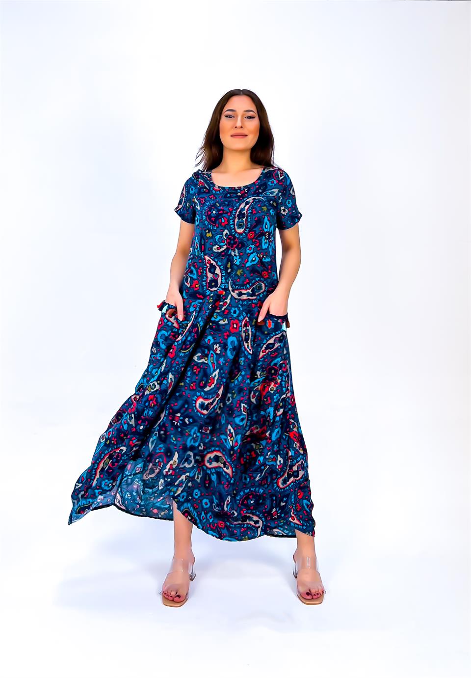 Qashmir Kadın Şalvar Görünümlü Asimetrikkesim Pamuk Elbise - Lacivert