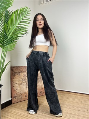 Qashmir Kadın Yıkamalı Kumaş Bol Paça Pamuk Pantolon - Siyah