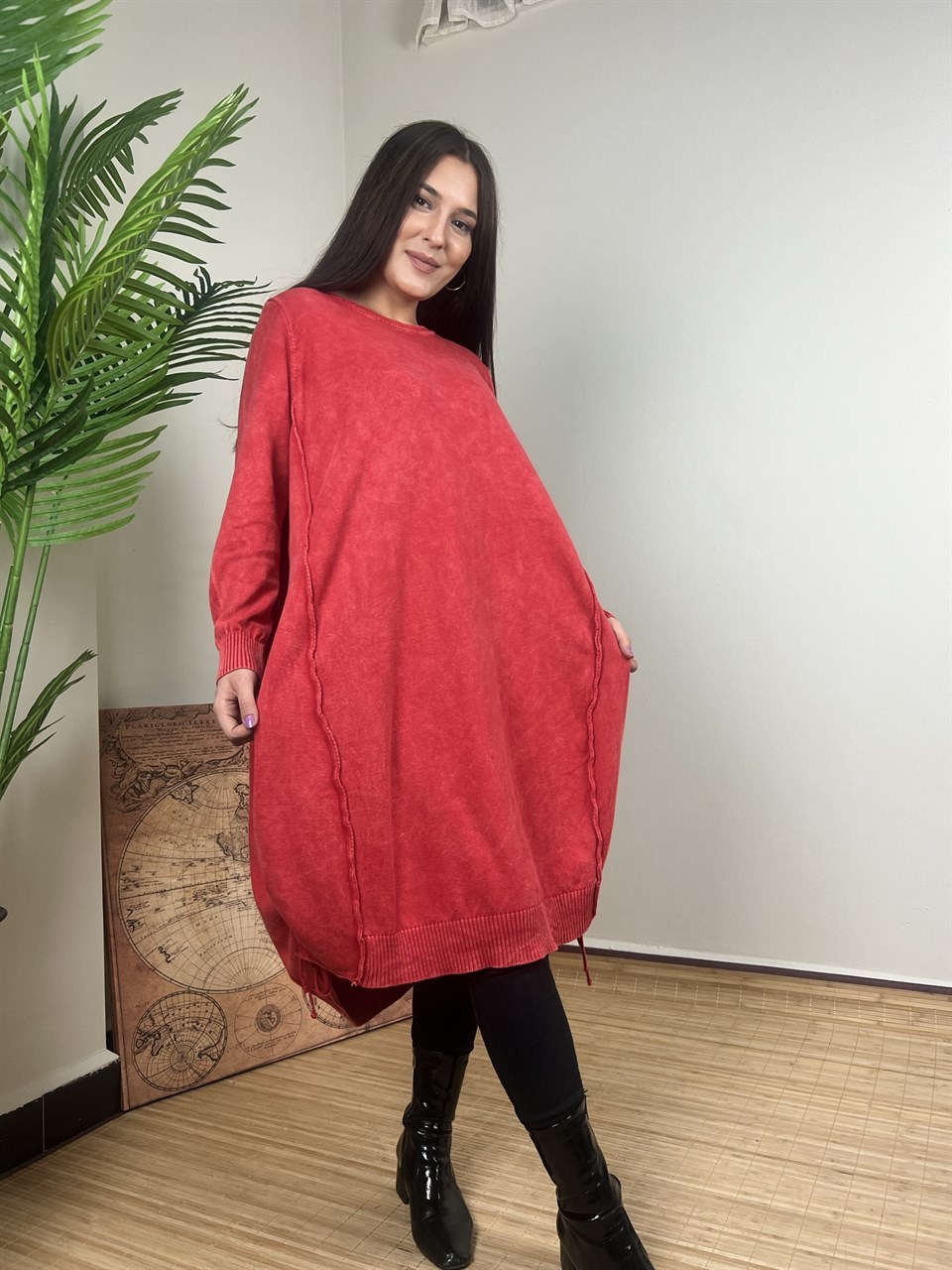 Qashmir Kadın Yıkamalı Pamuk Tunik Elbise - Kırmızı