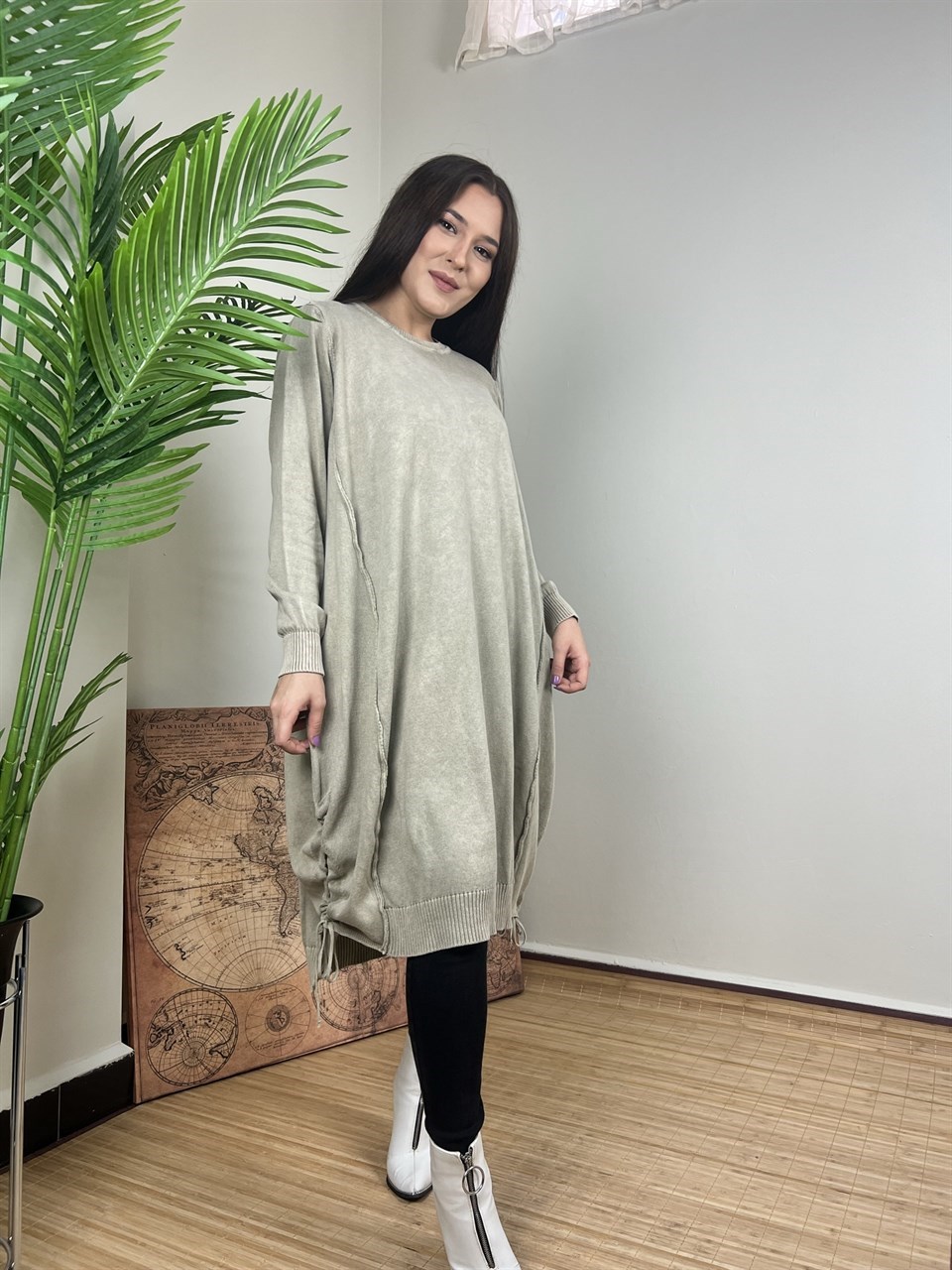 Qashmir Kadın Yıkamalı Pamuk Tunik Elbise - Vizon
