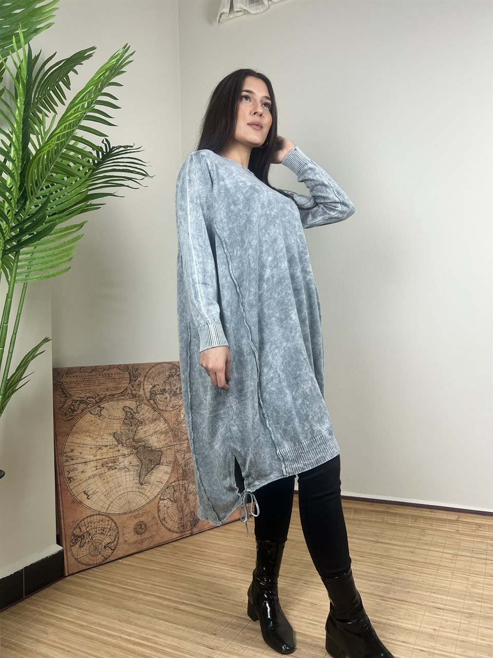 Qashmir Kadın Yıkamalı Pamuk Tunik Elbise - Gri