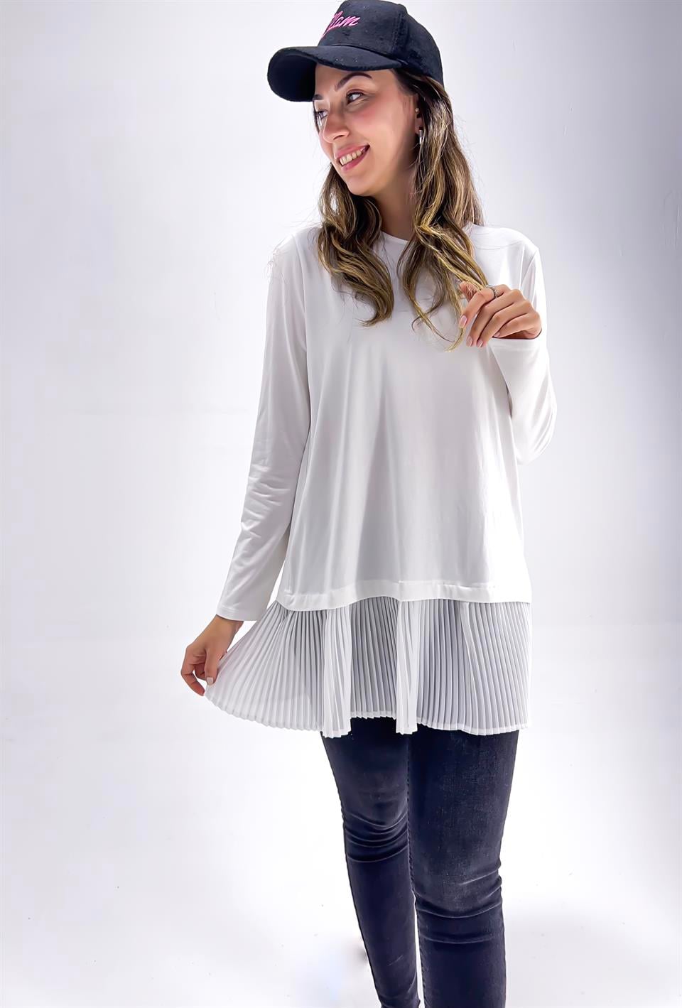  Kadın Uzun Kollu Atlı Piliseli İçlik - Beyaz