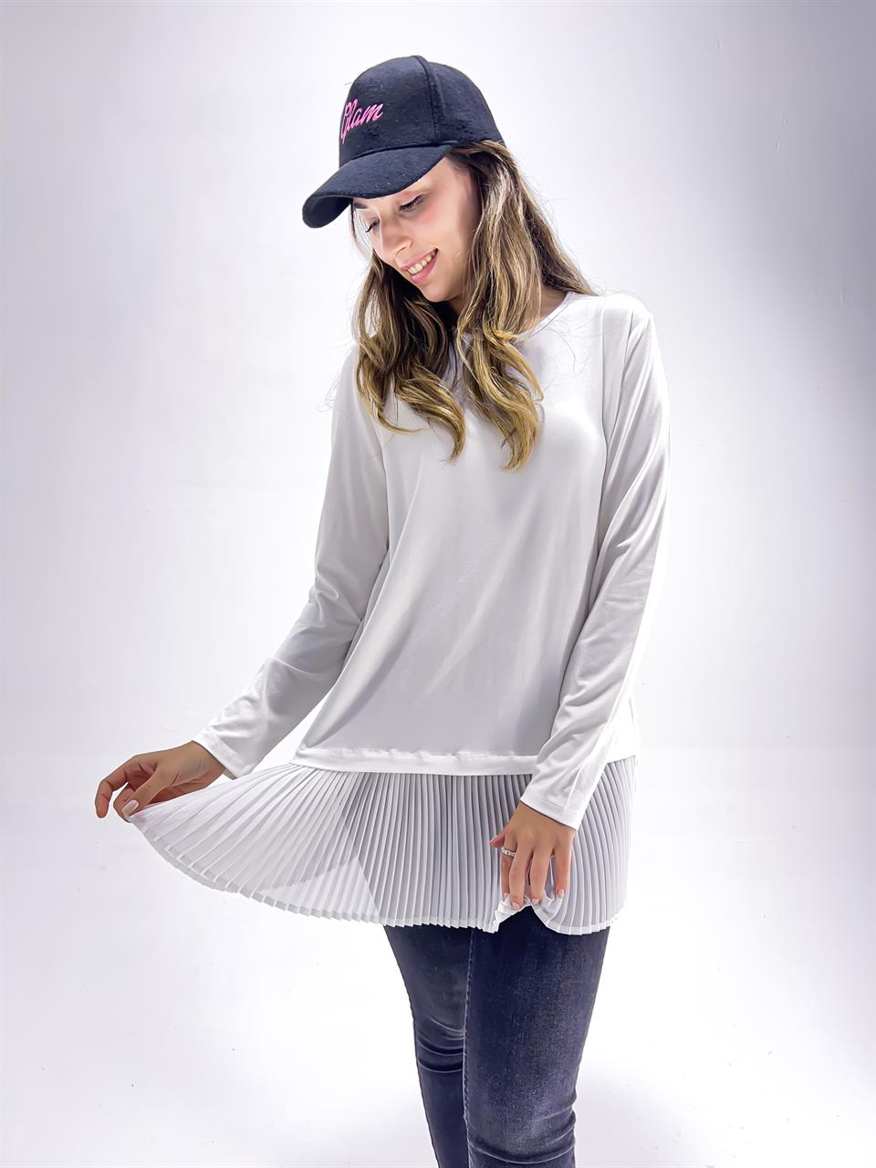  Kadın Uzun Kollu Atlı Piliseli İçlik - Beyaz