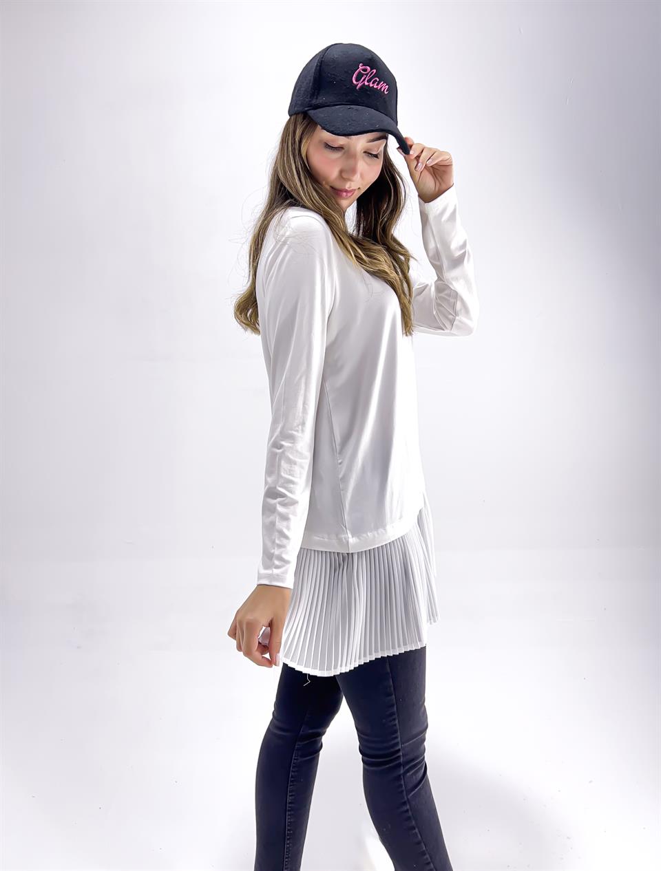  Kadın Uzun Kollu Atlı Piliseli İçlik - Beyaz