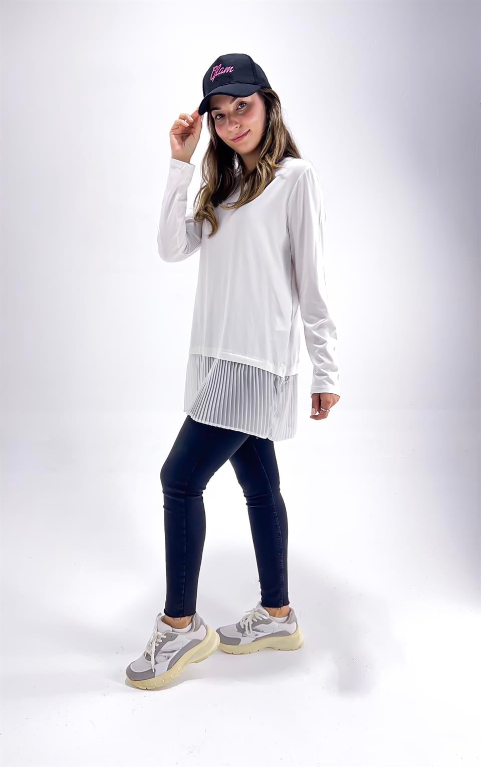  Kadın Uzun Kollu Atlı Piliseli İçlik - Beyaz