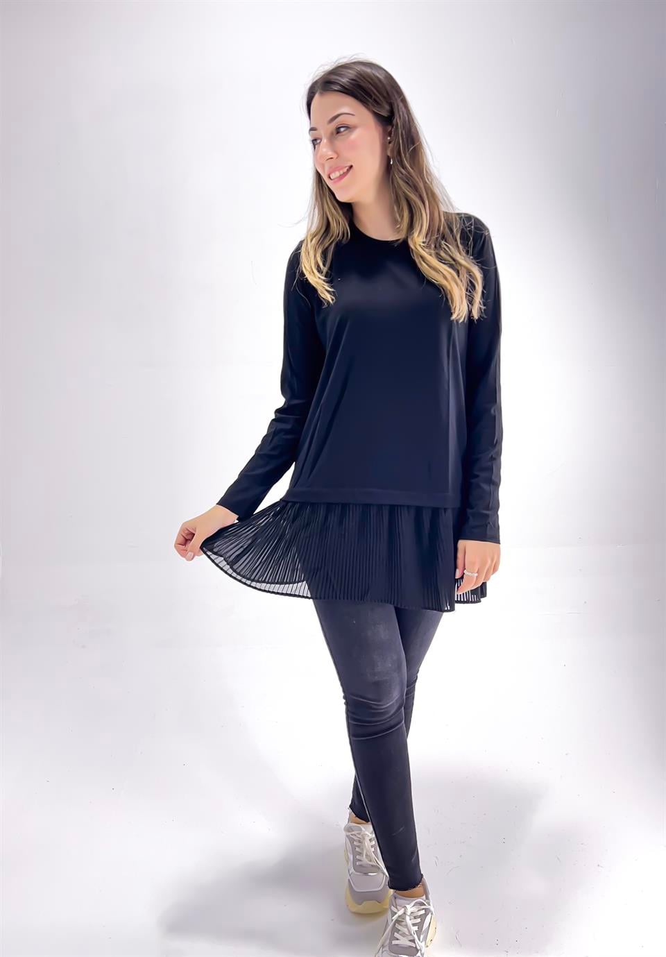  Kadın Uzun Kollu Atlı Piliseli İçlik - Siyah