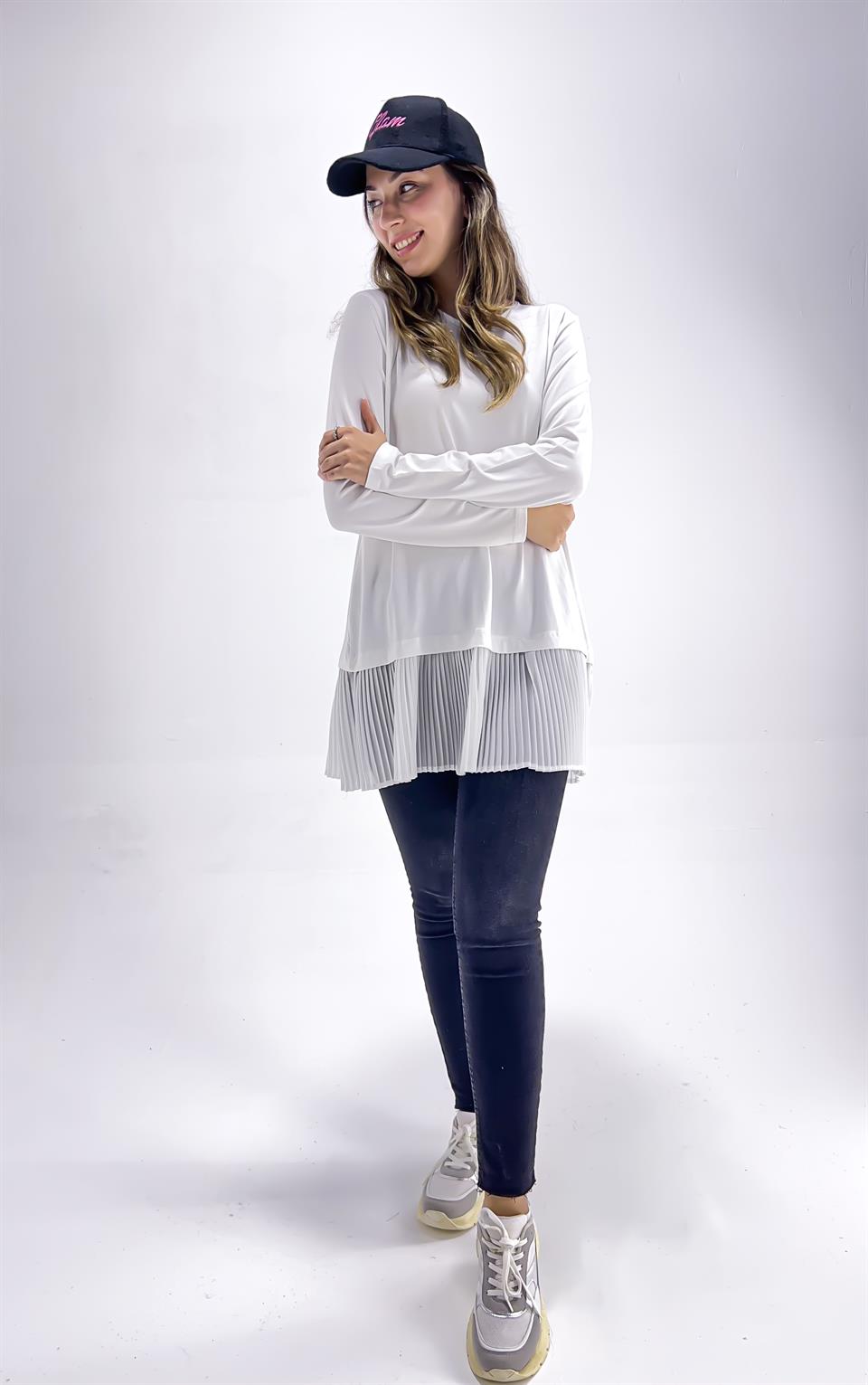  Kadın Uzun Kollu Atlı Piliseli İçlik - Beyaz