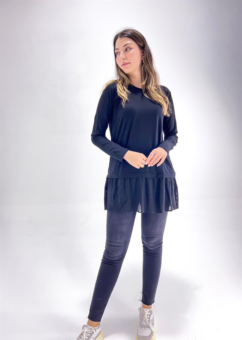  Kadın Uzun Kollu Atlı Piliseli İçlik - Siyah