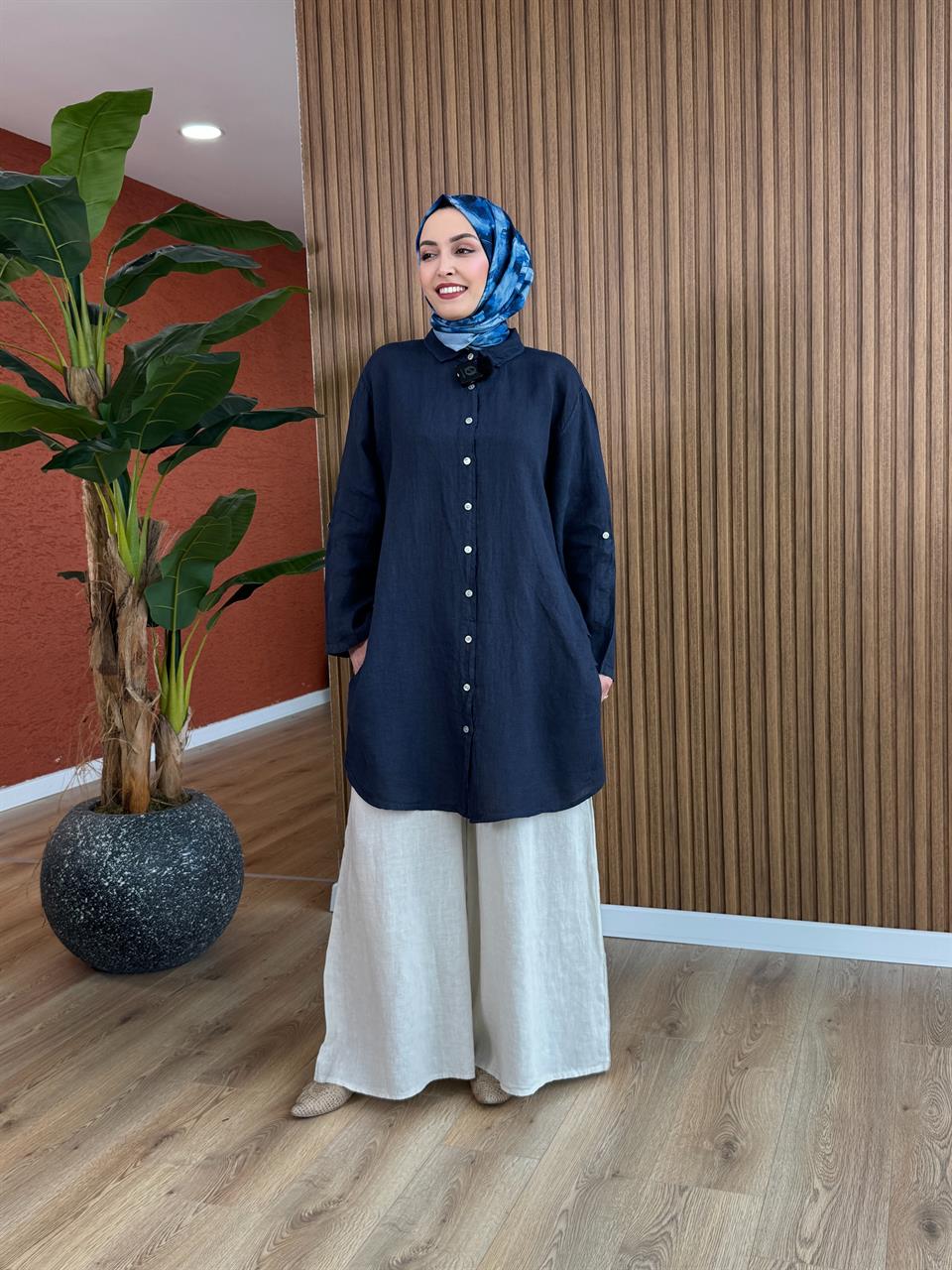 Sare İthal % 100 Ham Keten Tunik-Lacivert