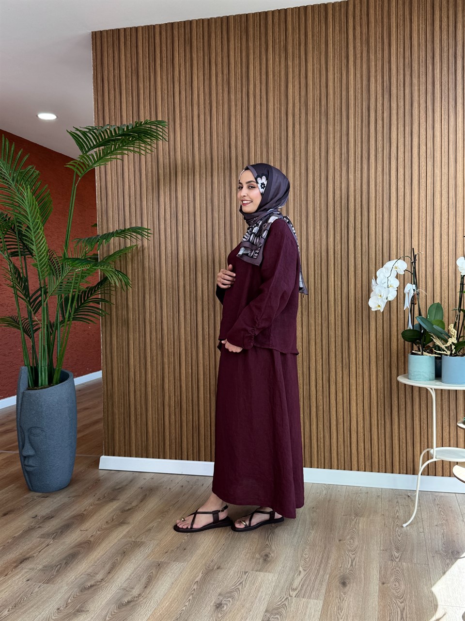 Sıla Bağlama Detaylı Keten Elbise-Mürdüm