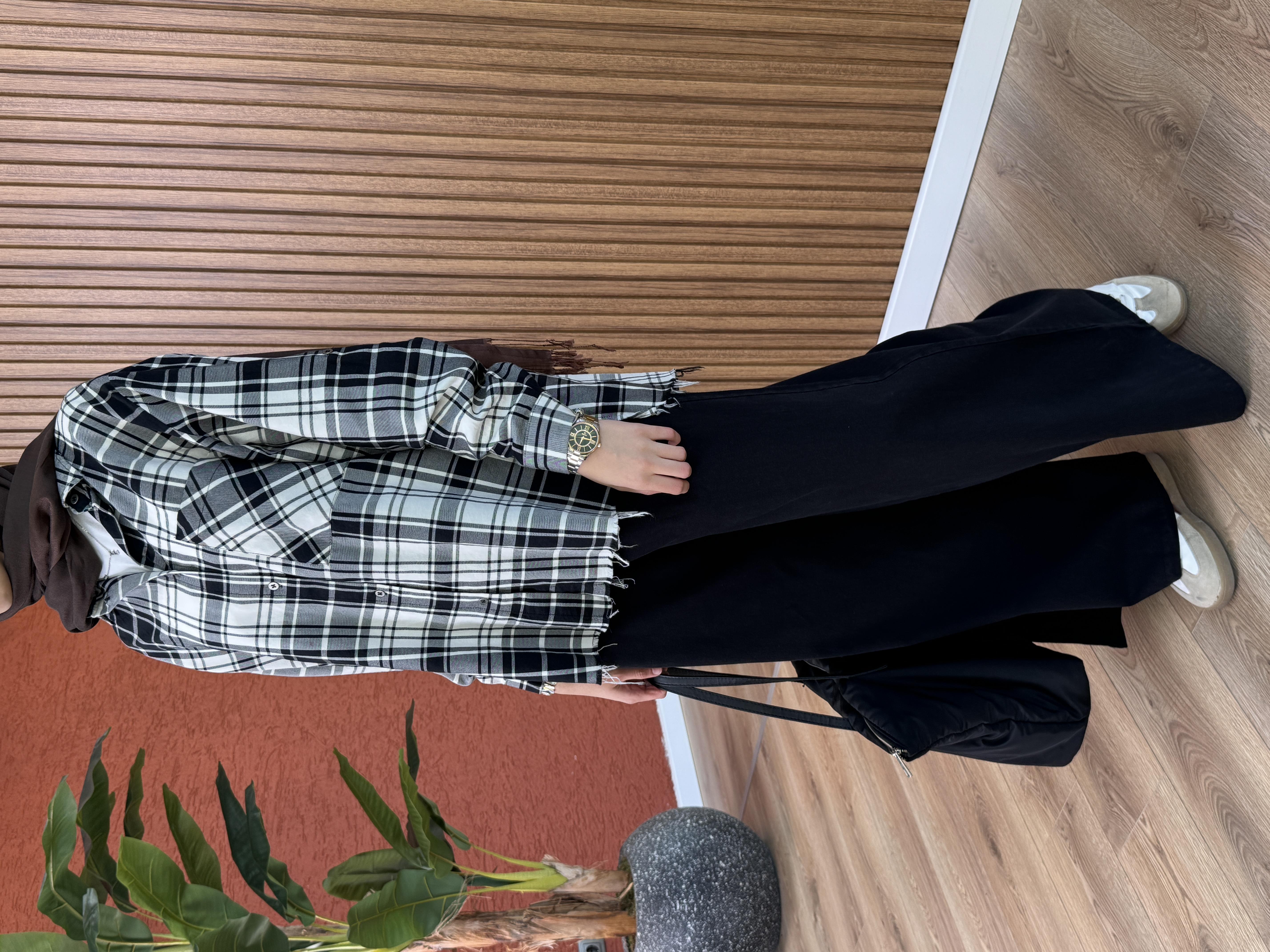 Kadın %100 Pamuk Ekose Gömlek-Siyah