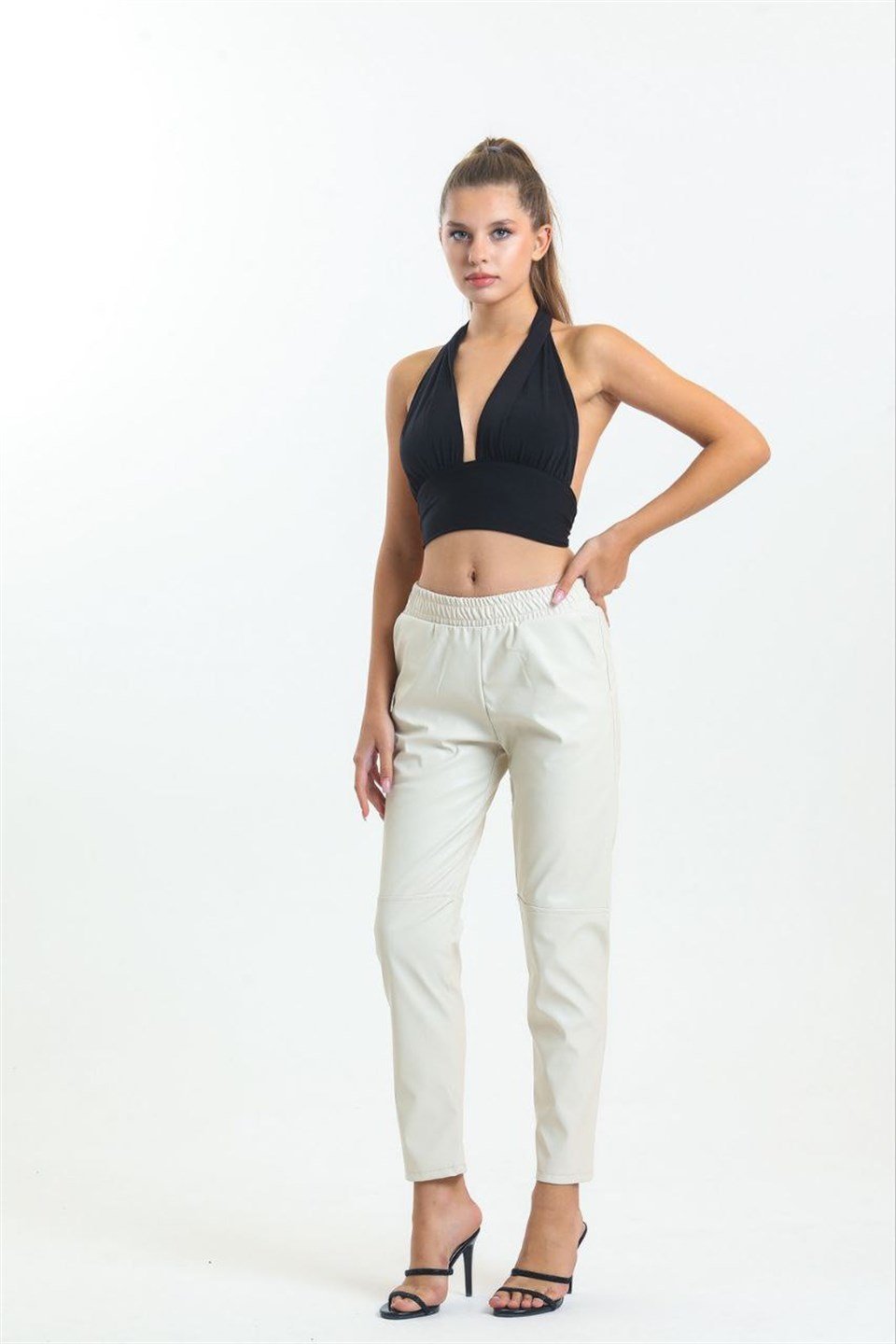 QASHMİR KADIN DÜZ PAÇA DERİ PANTOLON - BEJ