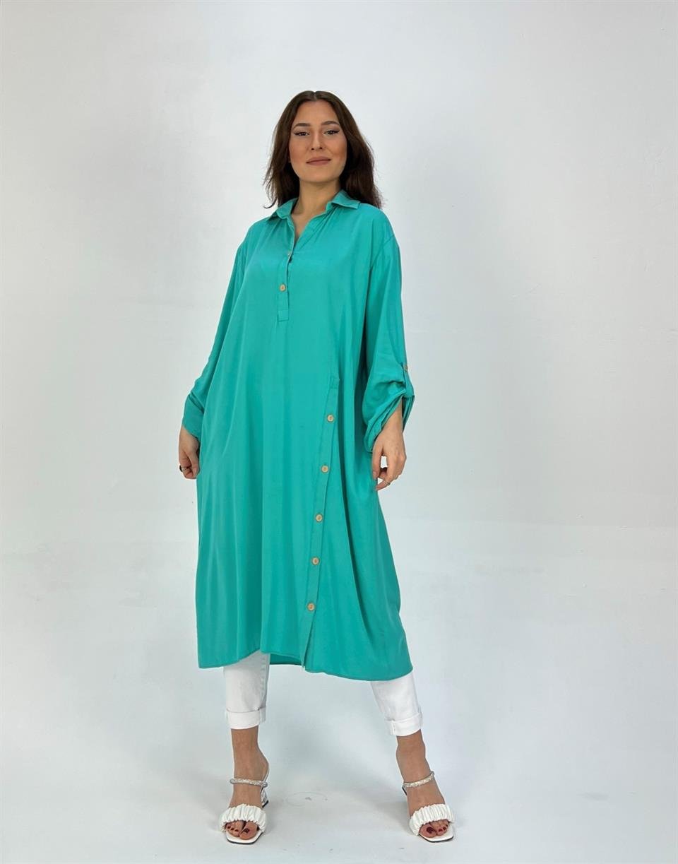 Qashmir Kadın Pamuk Cepli Düğme Detaylı Gömlek Tunik Elbise - Turkuaz