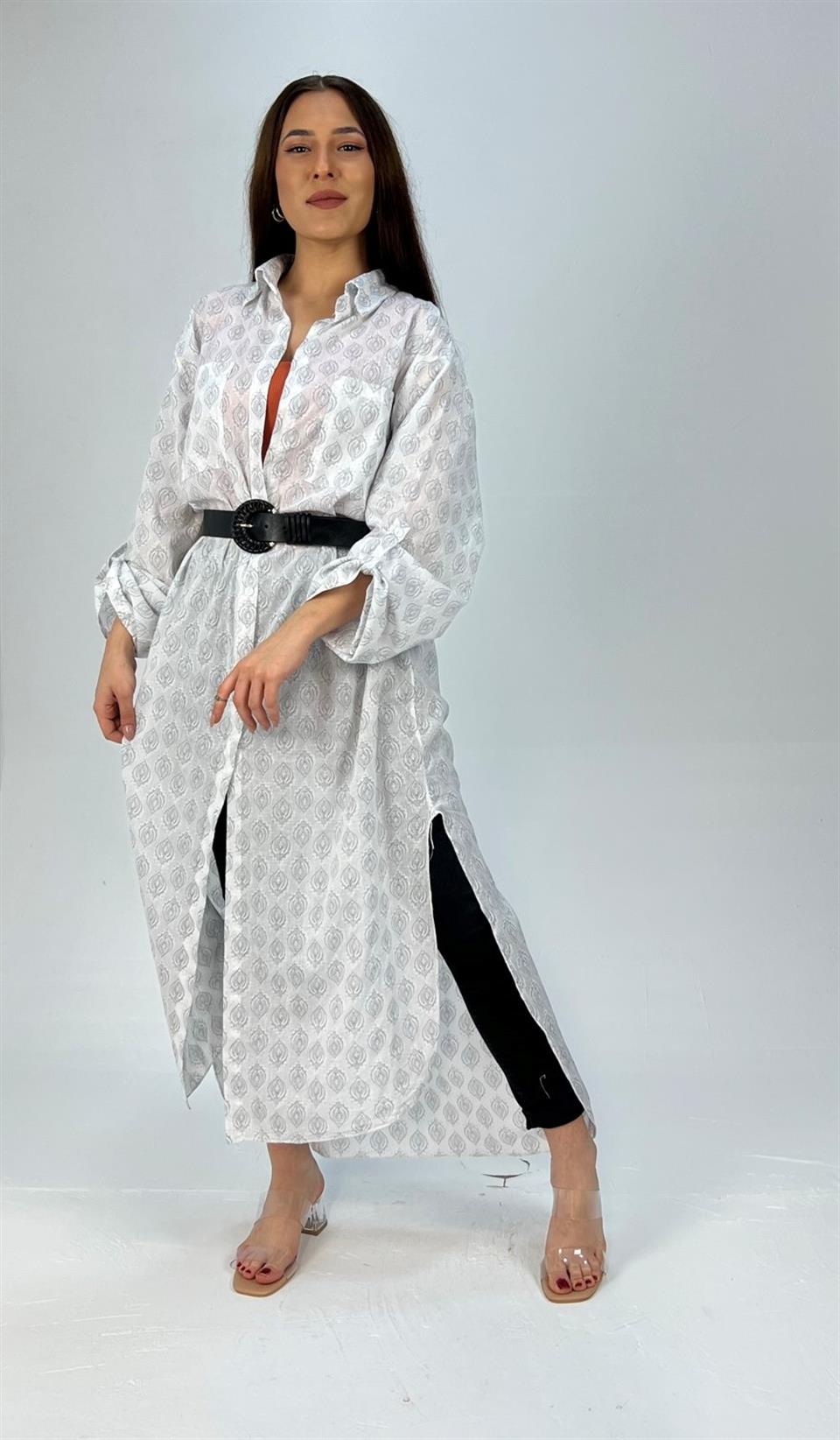 Qashmir Kadın İtalyan Model Pamuk Keten Gömlek Elbise - Beyaz