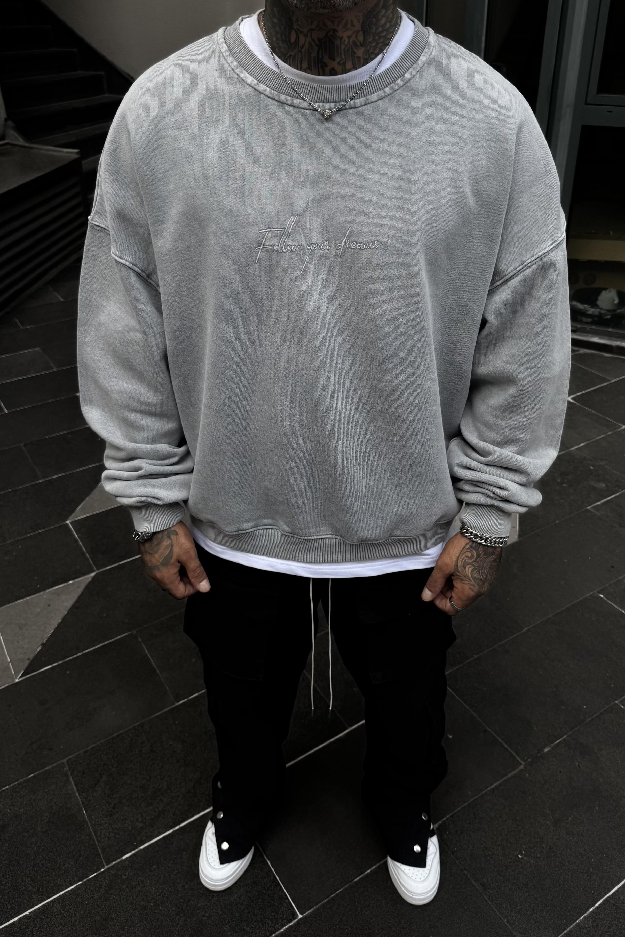 Acid wash haste never oversize sweatshirt