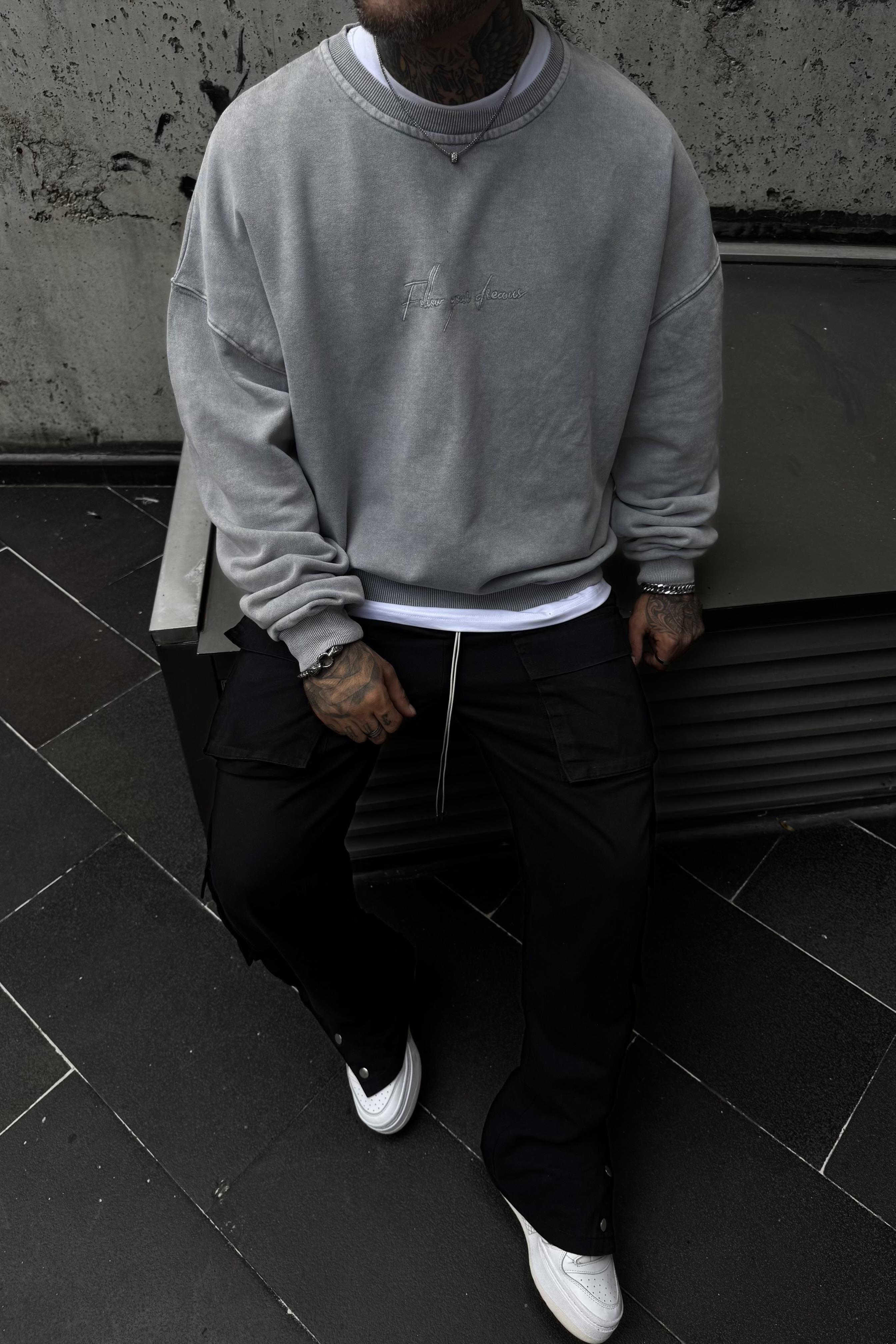 Acid wash haste never oversize sweatshirt