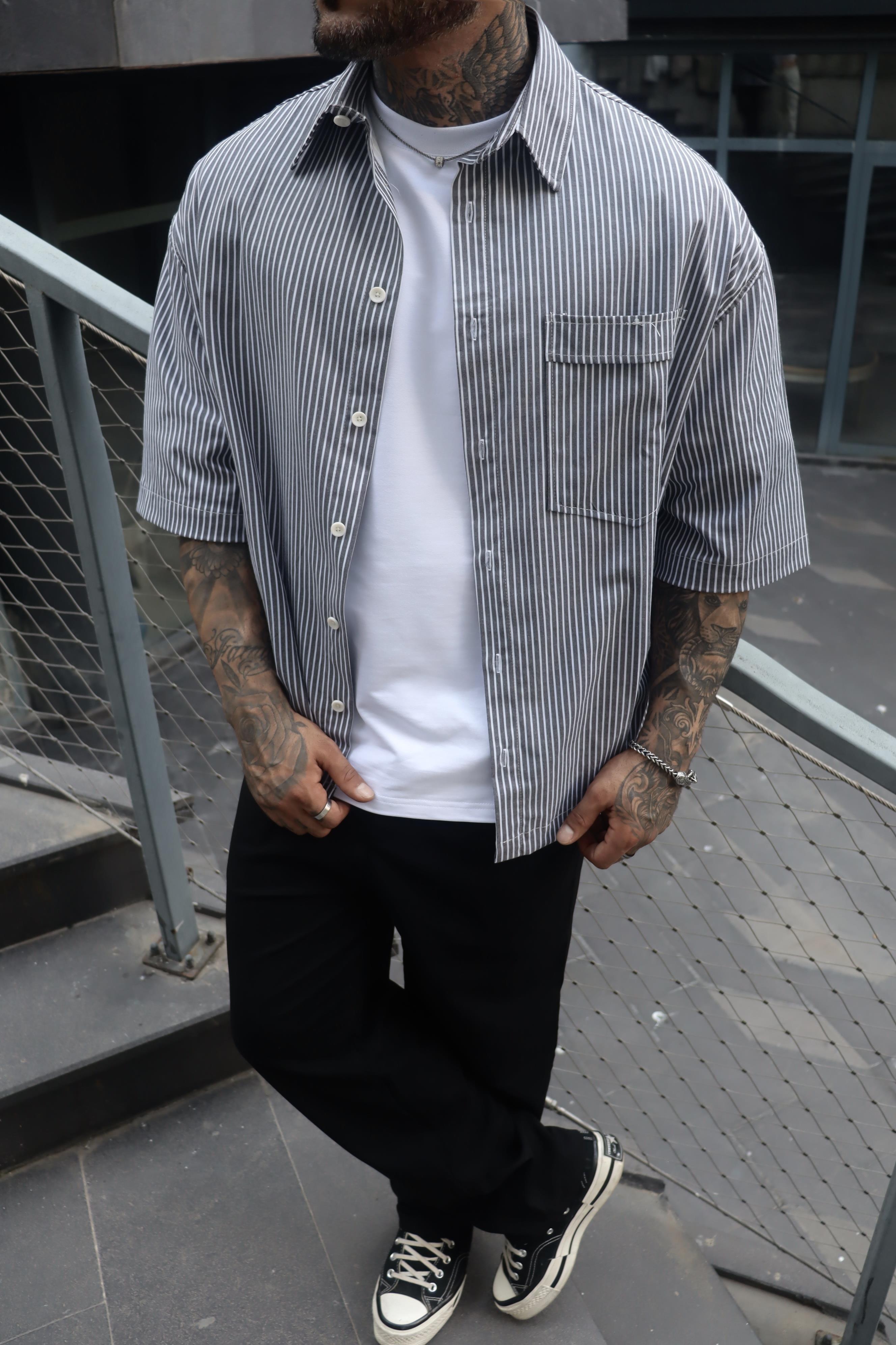 Basic gri çizgili oversize gömlek