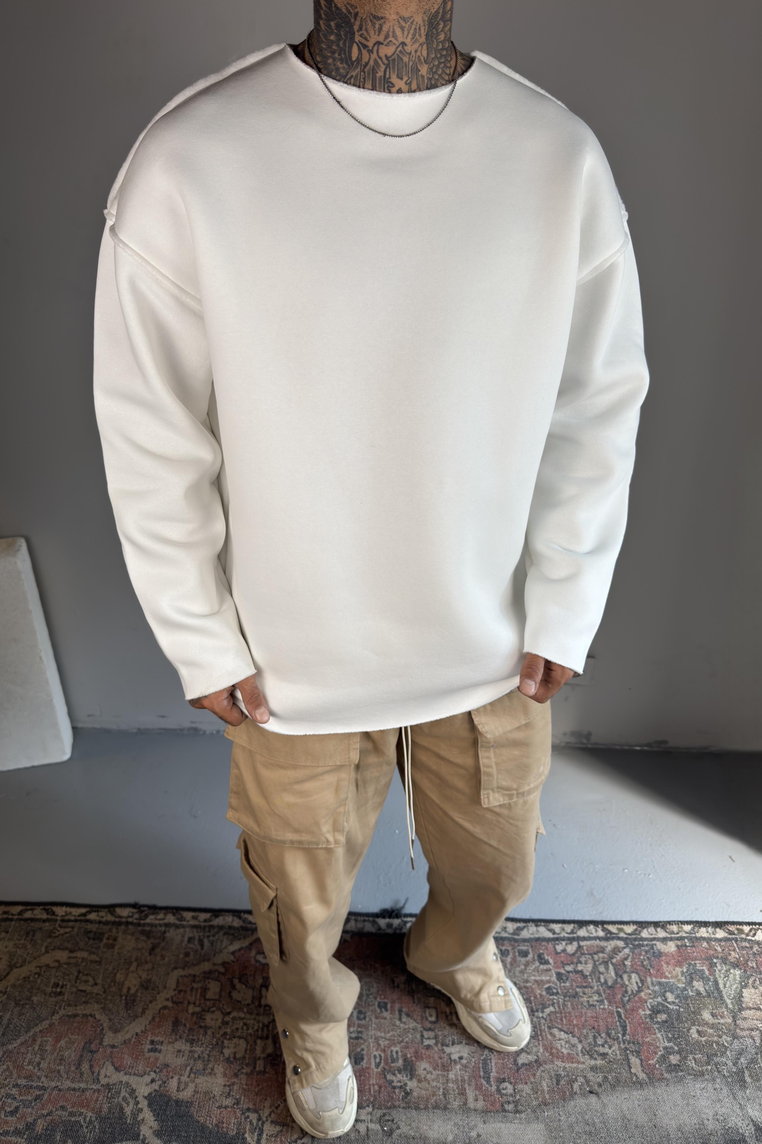 Basic Oversize Beyaz 3 İplik Sweatshirt