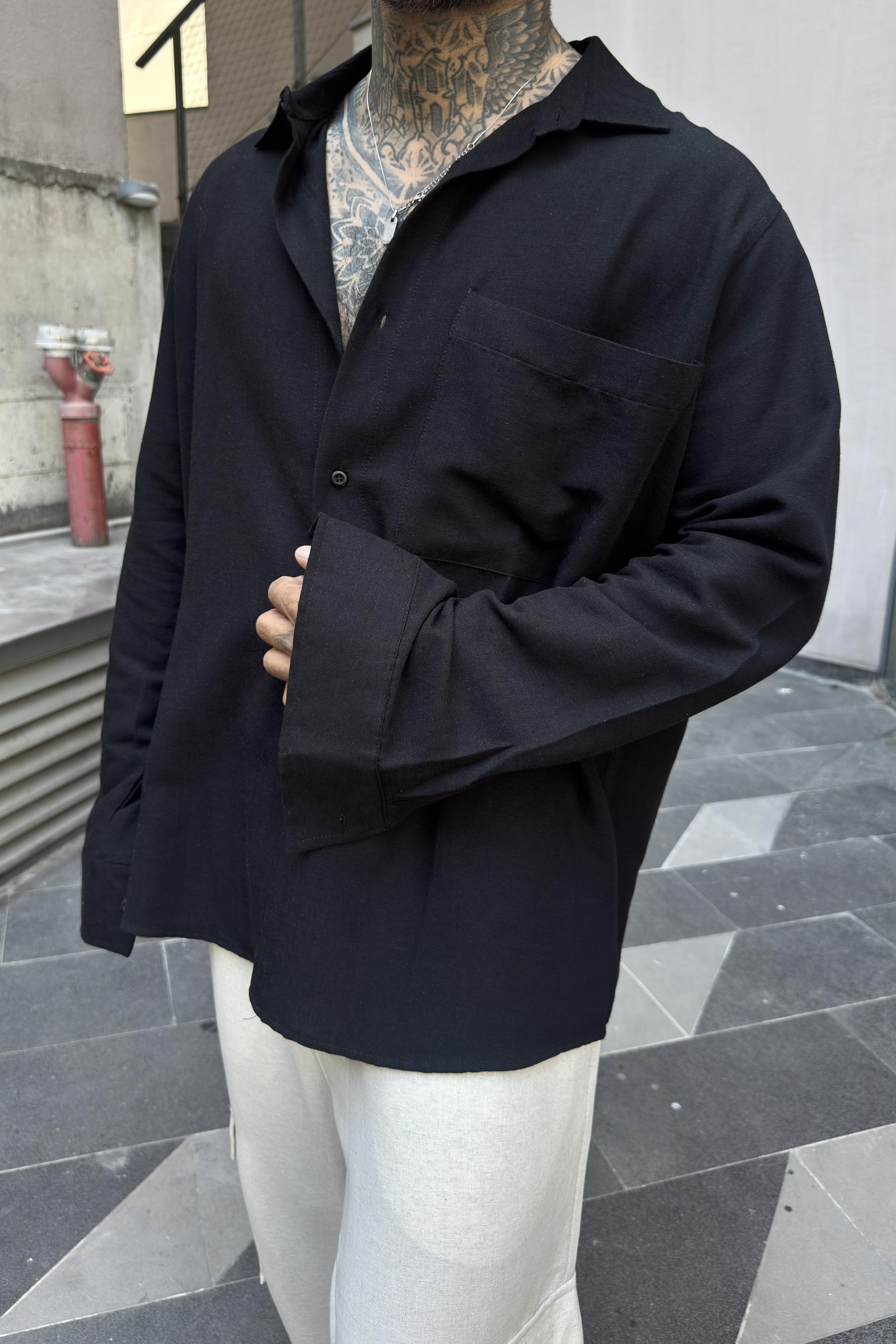 Basic Oversize Cepli Keten Gömlek