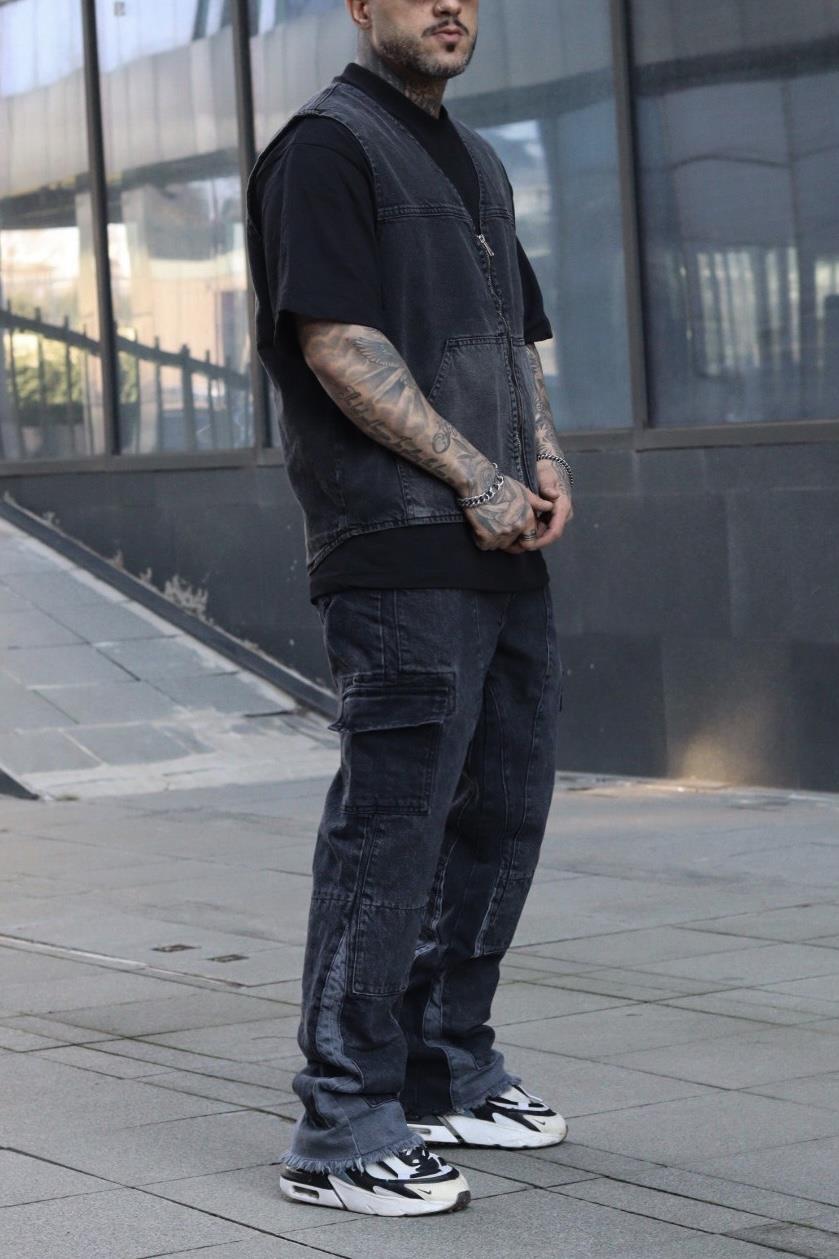 Dokulu antrasit çift renk oversize yelek