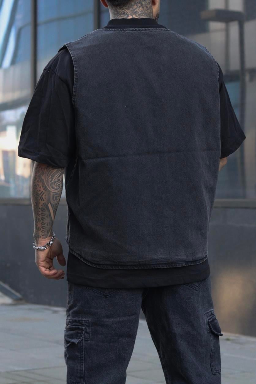 Dokulu antrasit çift renk oversize yelek