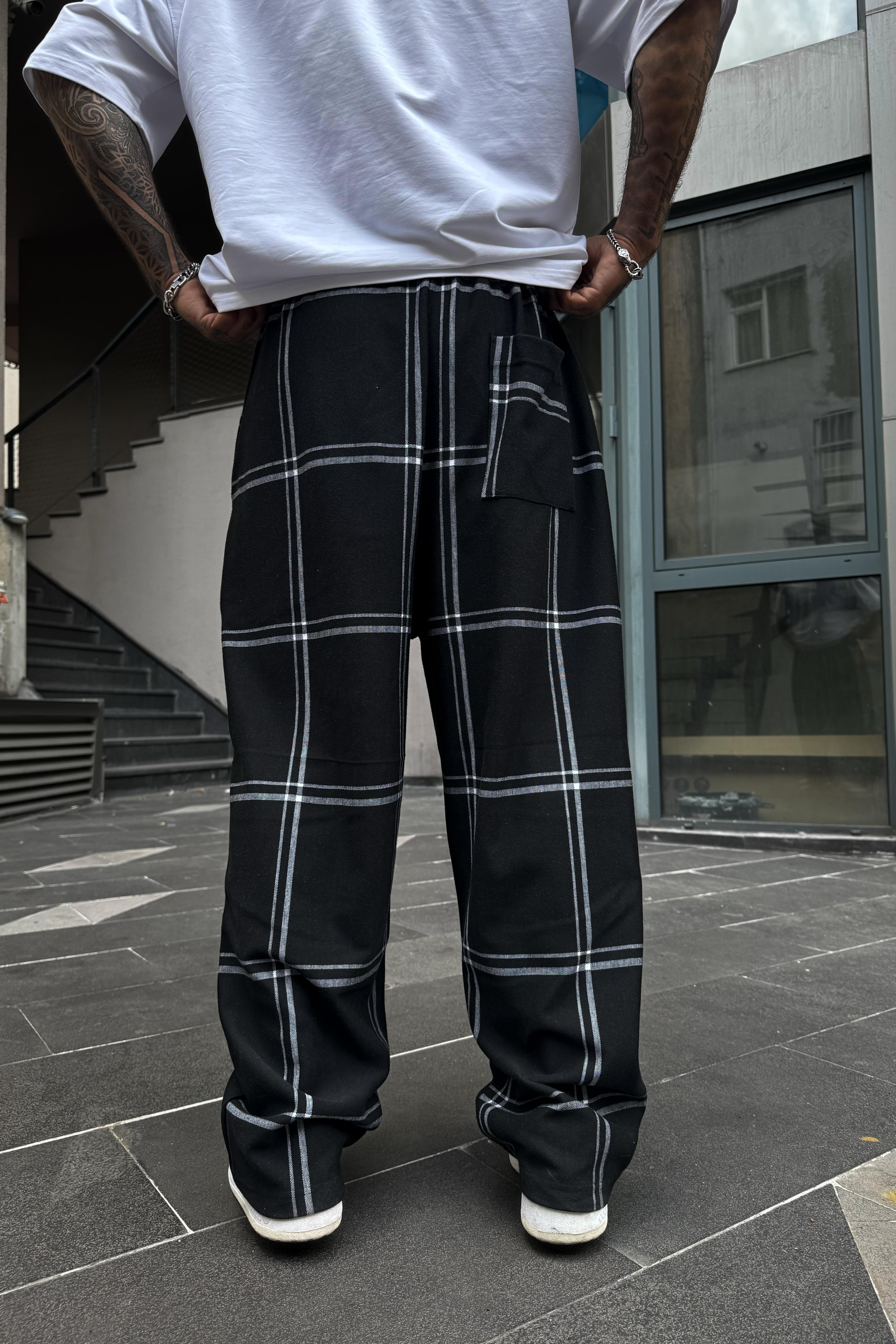 Ekose desen siyah ekstra baggy eşofman