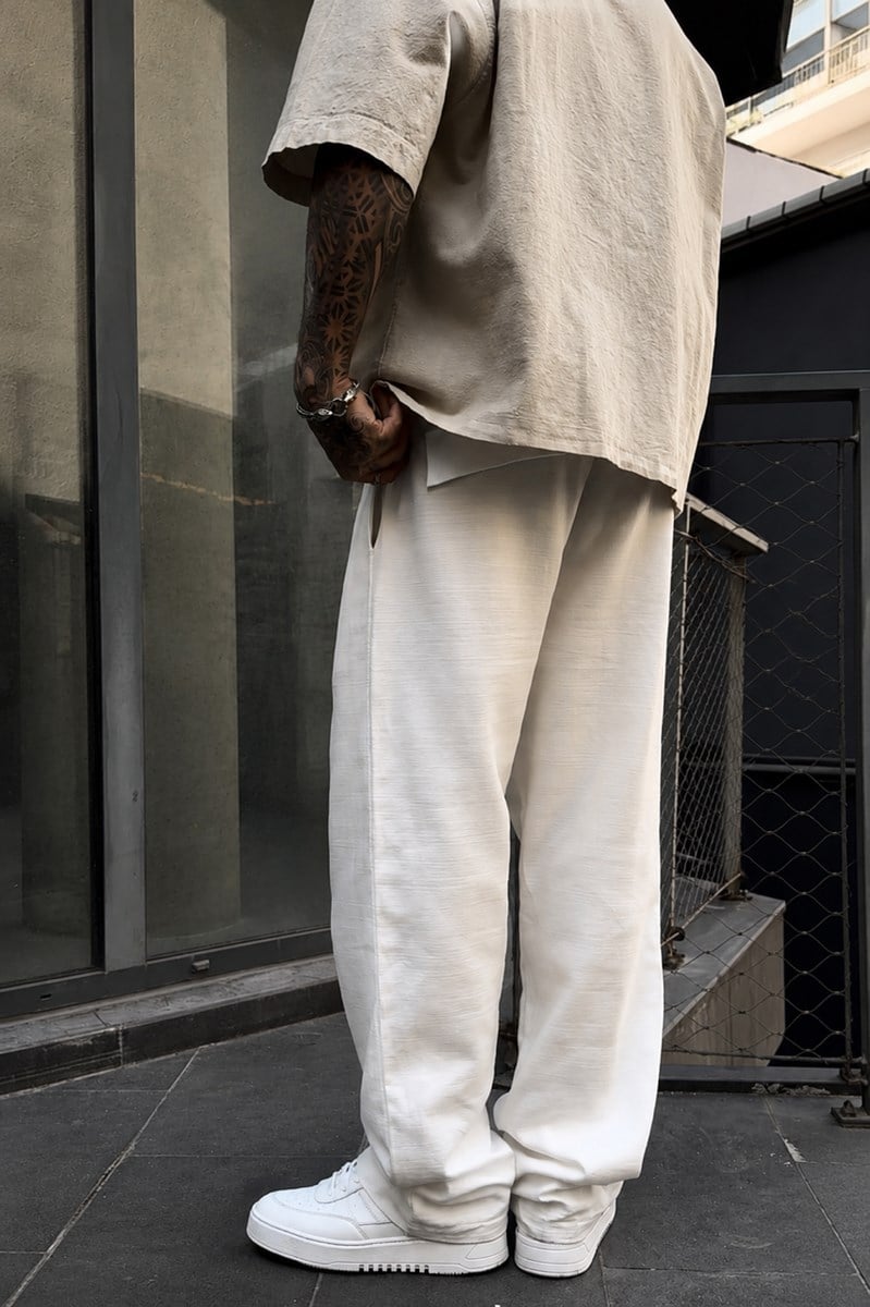 Ekru Baggy Keten Pantolon
