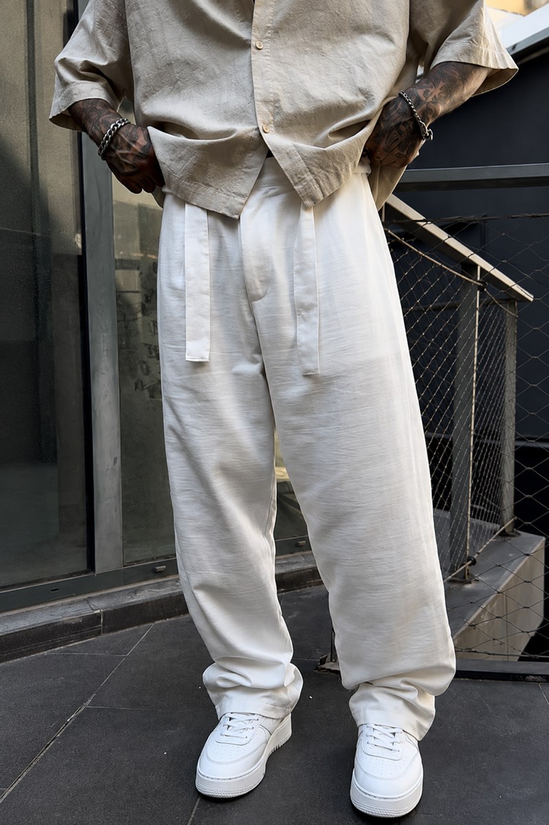 Ekru Baggy Keten Pantolon