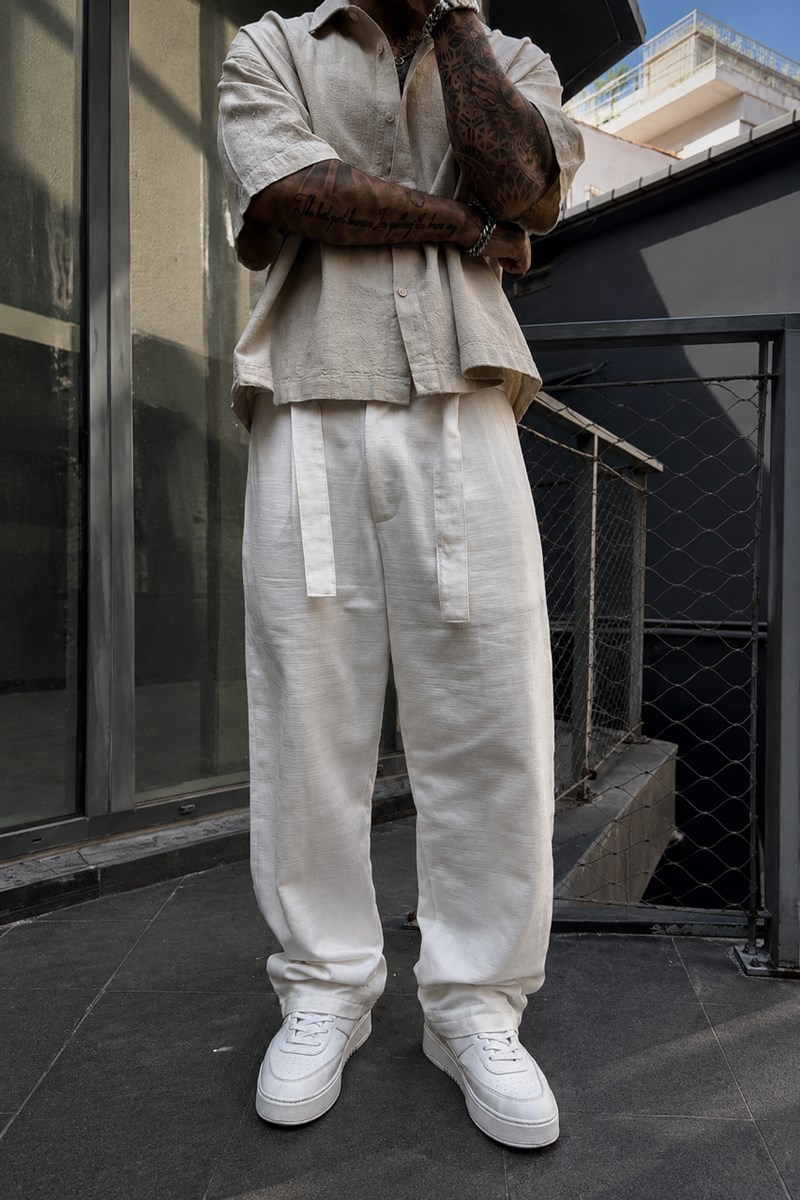 Ekru Baggy Keten Pantolon