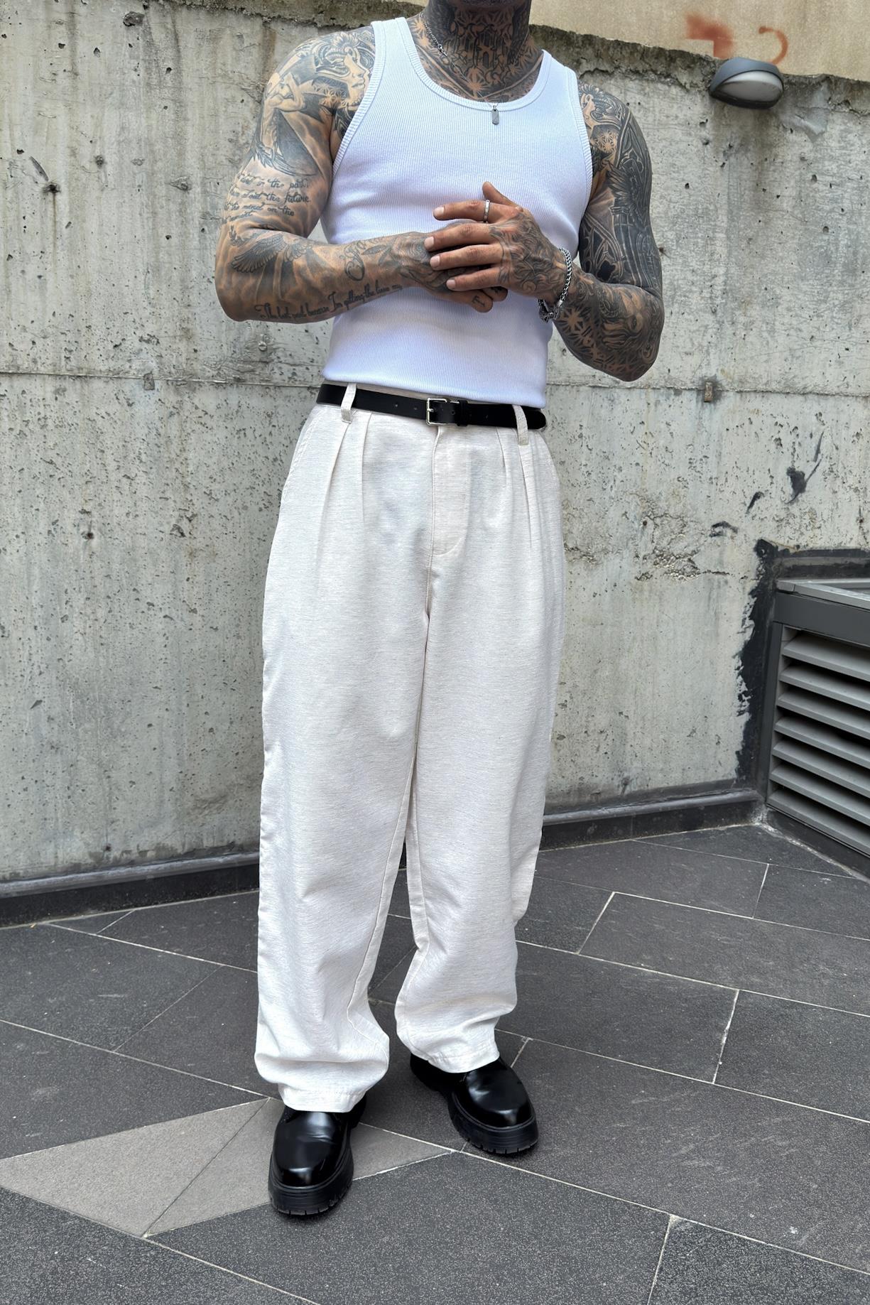 Ekru Keten Ekstra Baggy Pantolon