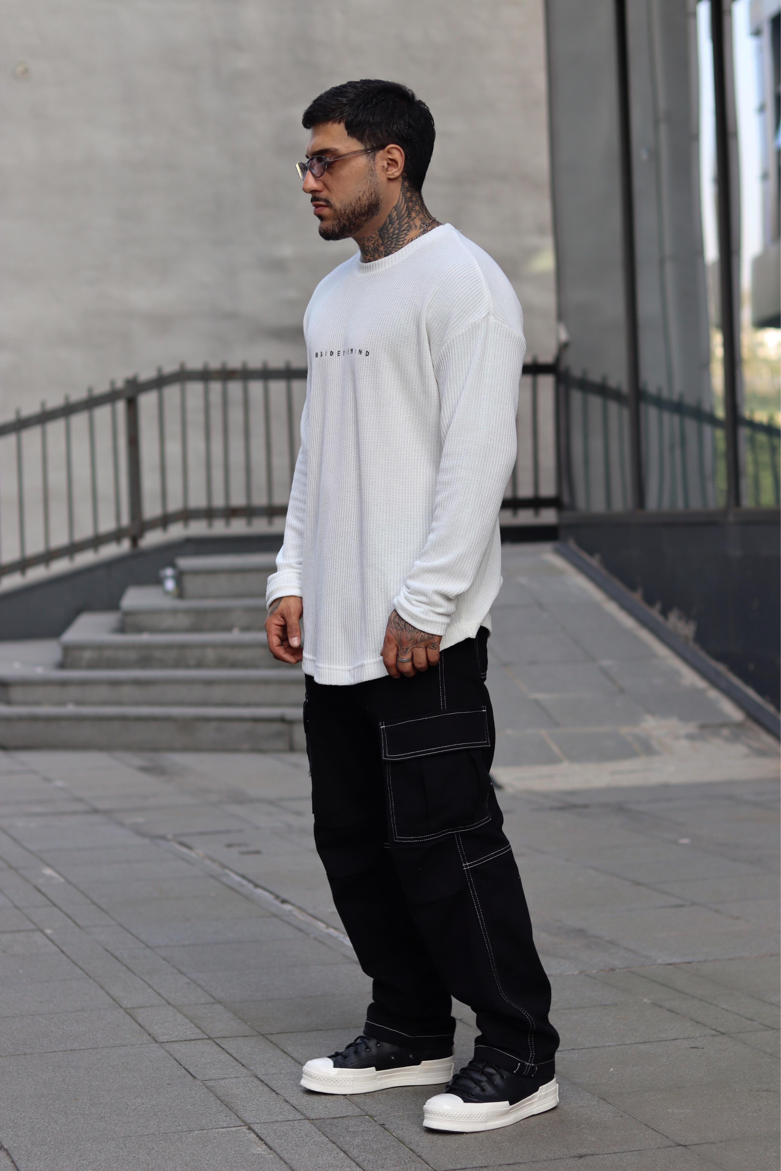 Fitilli beyaz sweatshirt